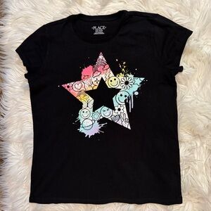 The Children’s Place Girls Graphic Tee Size 10/12 Black Star Smiley Shirt